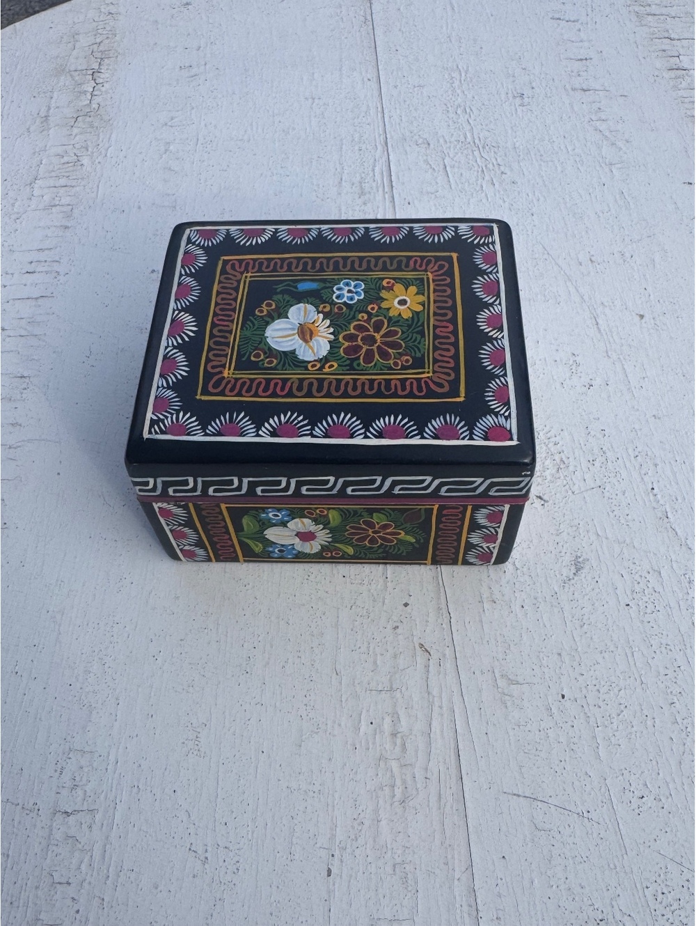 Vintage Mexican Hand Painted Wooden Trinket Box Las Artesanitas Floral Folk Art
